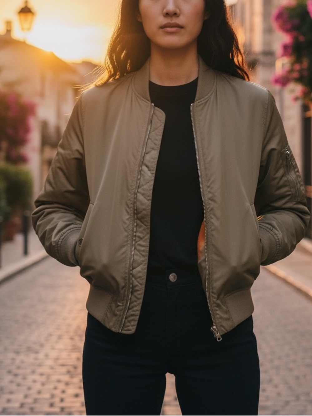 Uniqlo Tan Khaki Bomber Jacket XS Ribbed Collar Zip Up Cropped Utility Coat - Picture 1 of 5